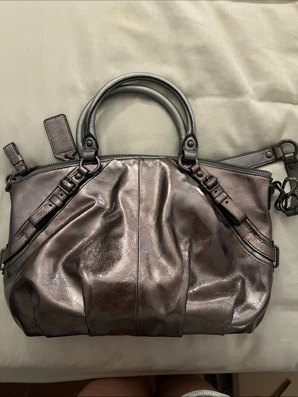 Coach Metallic Pewter Leather Shoulder Satchel - Pewter Madison Collection - Picture 2 of 5